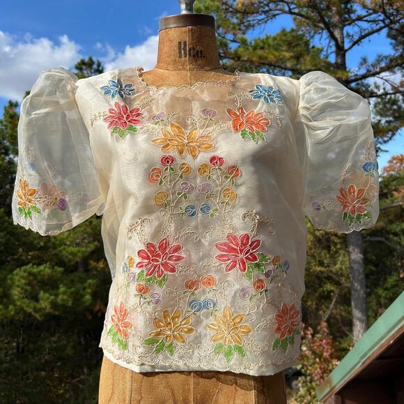 Vintage 70s Sheer Organza Peaked Puff Sleeve "Stained Glass" Boxy Cropped Blouse - Picture 2 of 8